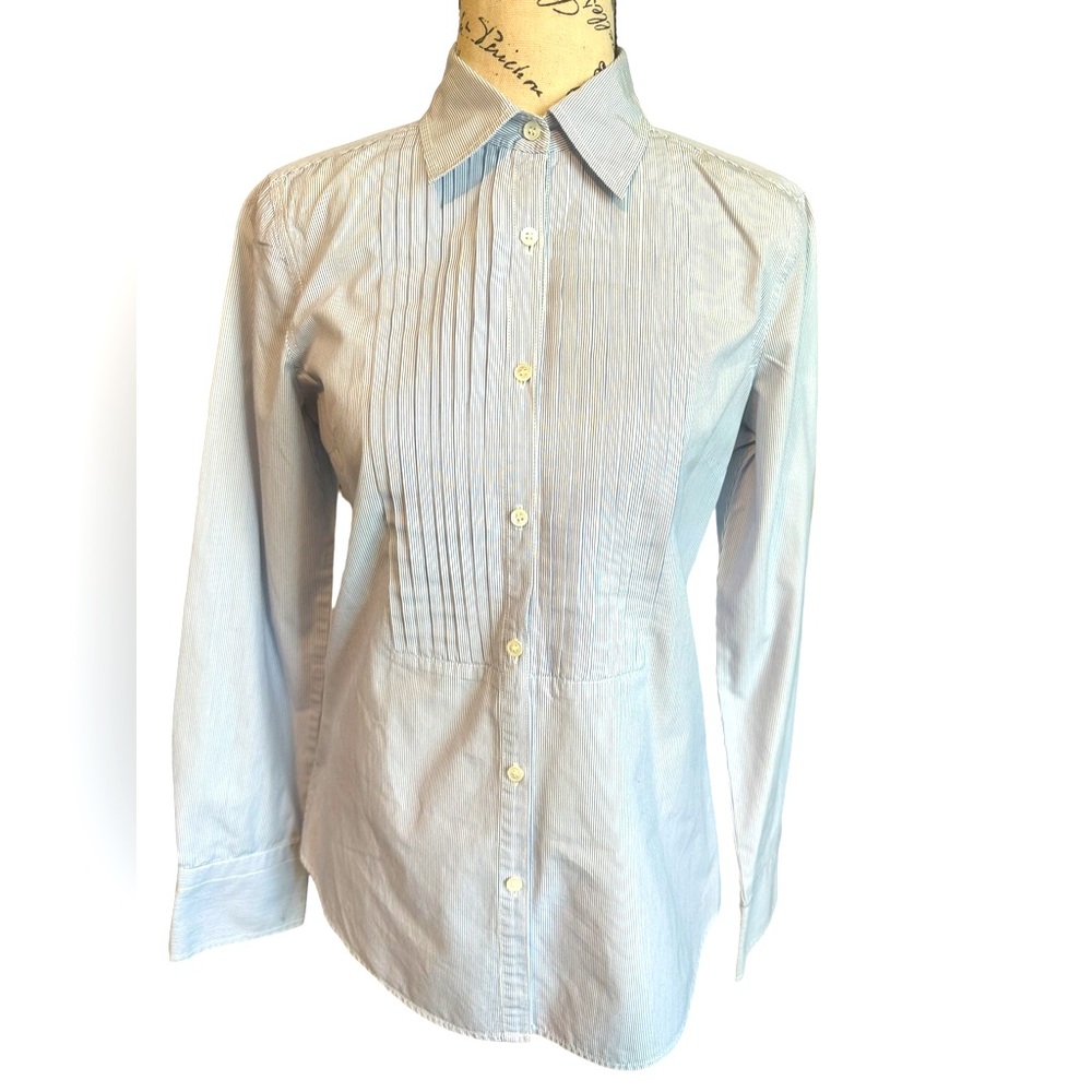 J. Crew Blue and White Striped Tailored Blouse